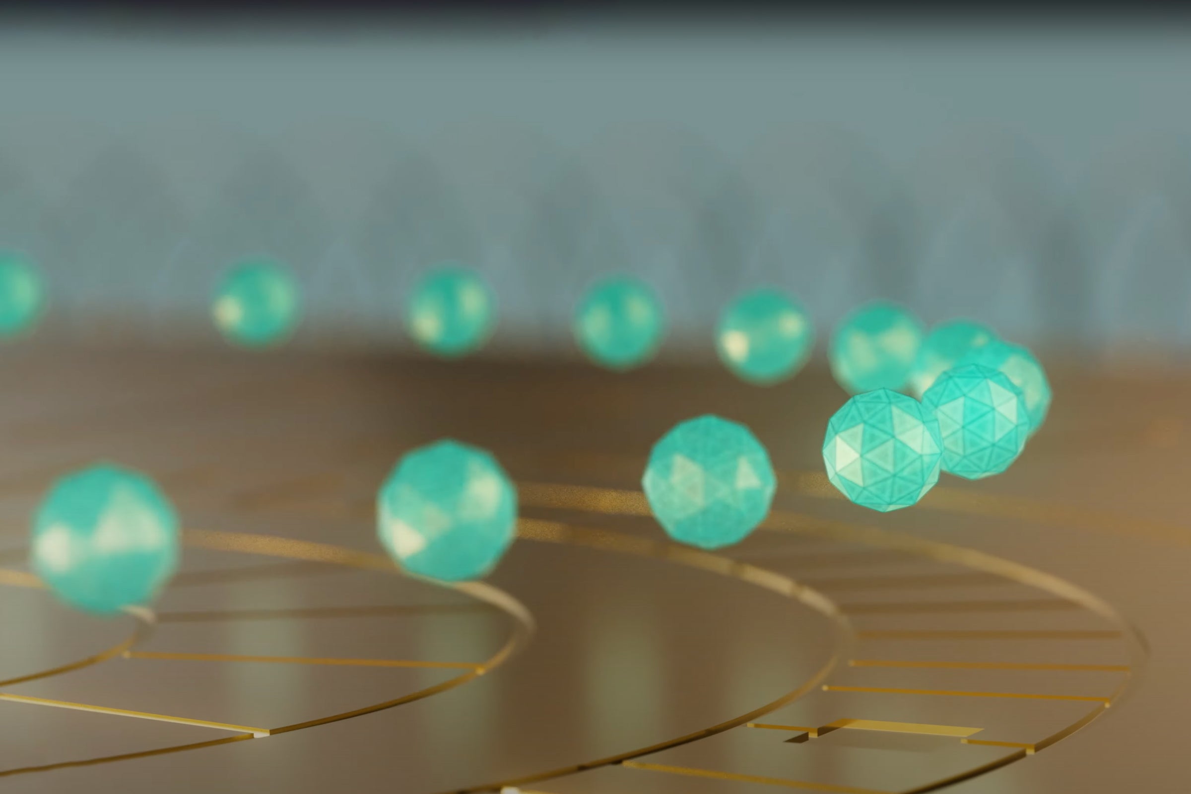 An arc of green orbs floats above a golden surface