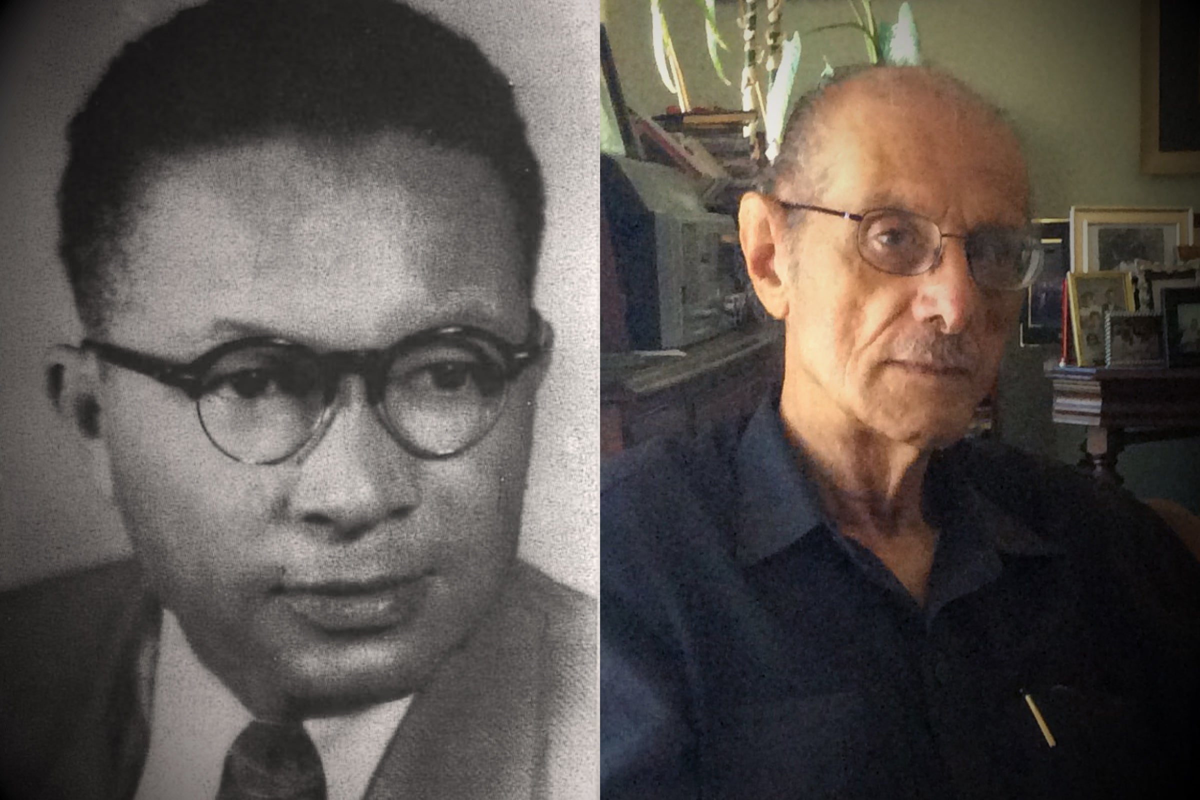 Two photos of men in glasses, one dated to the mid-20th Century of a Black man wearing a suit and one more modern of an older gentleman in a home enivornment.
